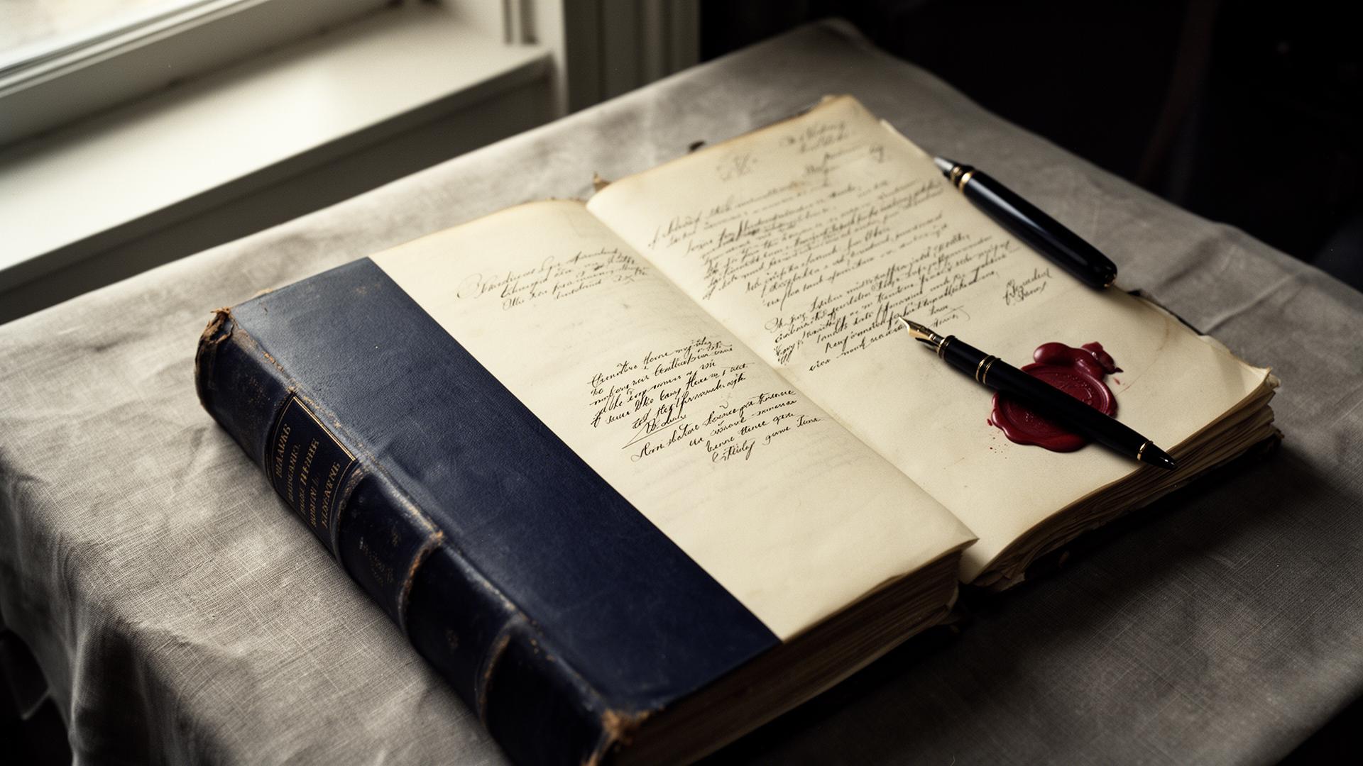 Antique open ledger with handwritten entries, a wax seal and a fountain pen resting on a linen-draped desk in soft window light