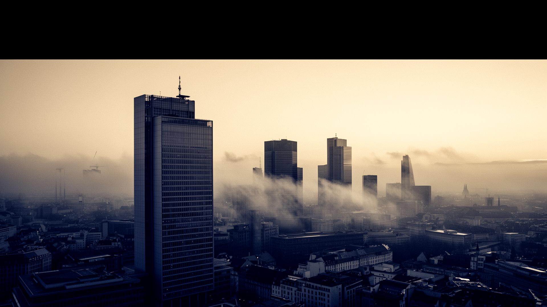 Frankfurt financial district and the European Central Bank tower at dawn, partially veiled in fog