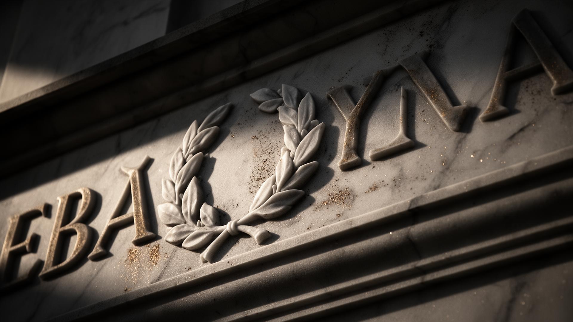 Macro detail of a carved marble relief on a European institutional façade, with a laurel wreath and engraved classical lettering in raking sidelight